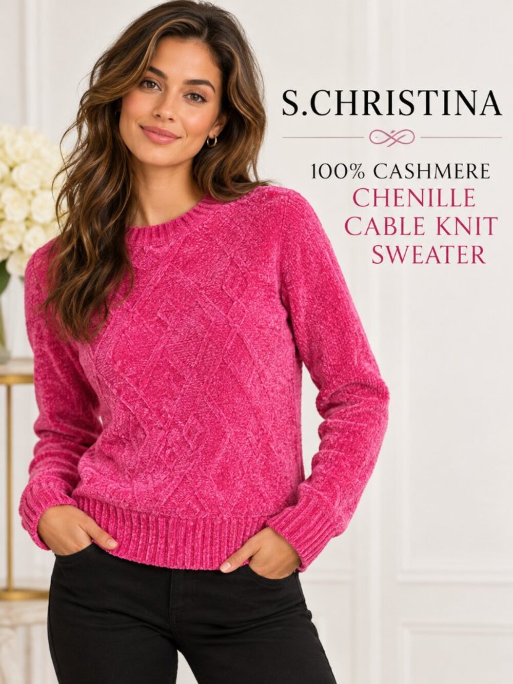 100% Cashmere S. Christina Pink Chenille Cable Knit Sweater – Size L/XL